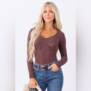 NWT Nikibiki French Roast Lace Textured Long Sleeve Seamless Bodysuit